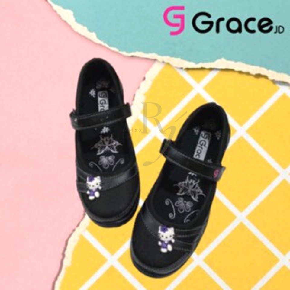 GRACE [HK 01] Sepatu Sekolah Anak Cewek Perempuan Hitam/ Sepatu Anak Cewek/ Sepatu Tali Perekat