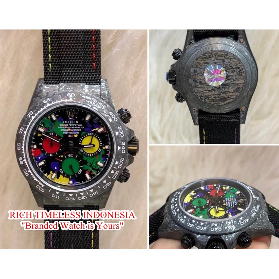 Diskon Jangan Pria Rolex Daytona Cosmograph NTPT Carbon MOTLEY JH Multicolor Dial Swiss Garansi 1 th
