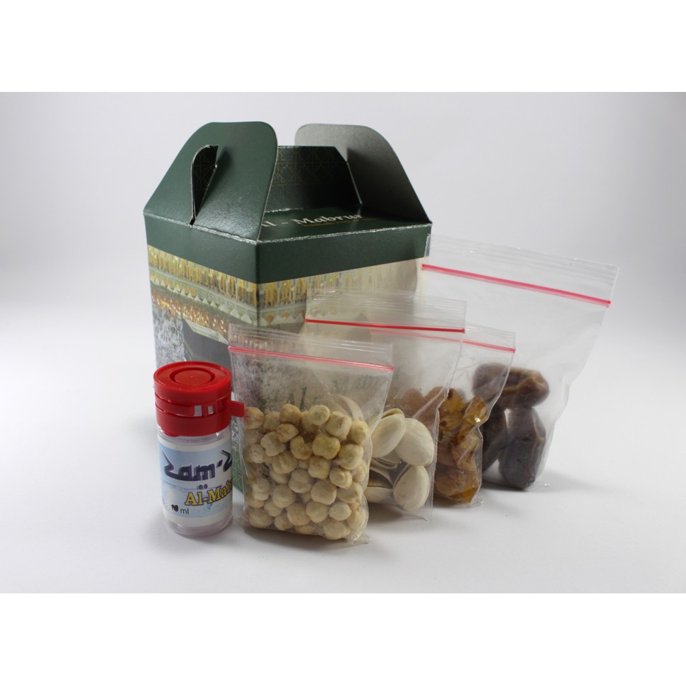 

Paket Kardus B Kurma-K•Arab-Kismis-K.Fustuk-Botol zam zam 30ml