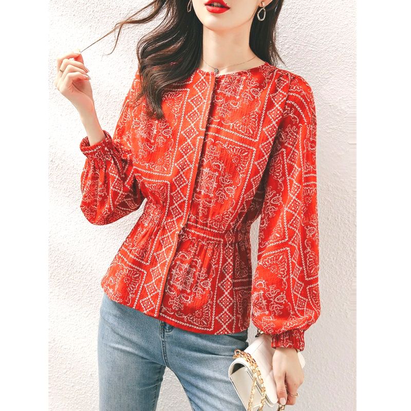 MDLV ~ 0859 CNY Blessings Hidden Button Top Women Blouse Premium Kemeja Etnik Blouse Etnik Blouse lengan Balon Panjang Blouse Korea terbaru Best seller Fashion Import