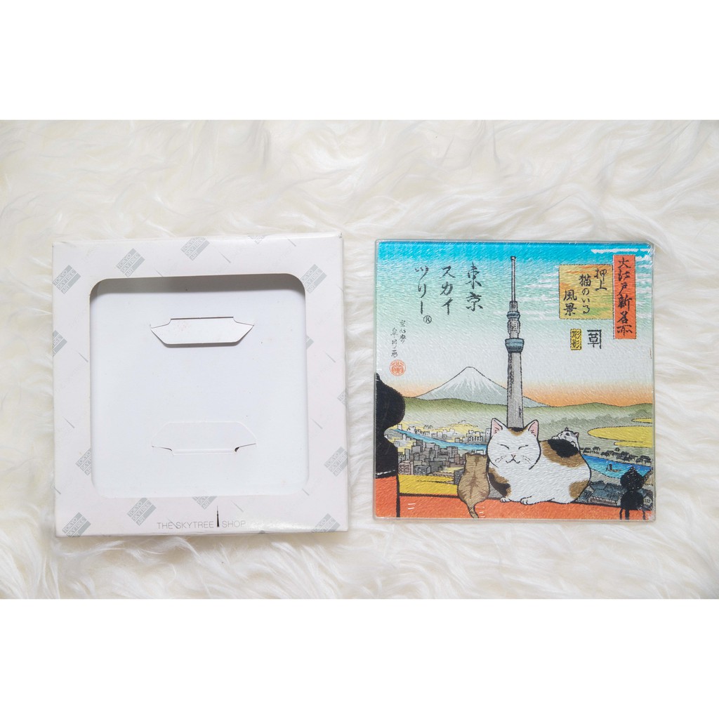 Alas Gelas Gambar Kucing dan Gunung Fuji dari Tokyo SkyTree Japan