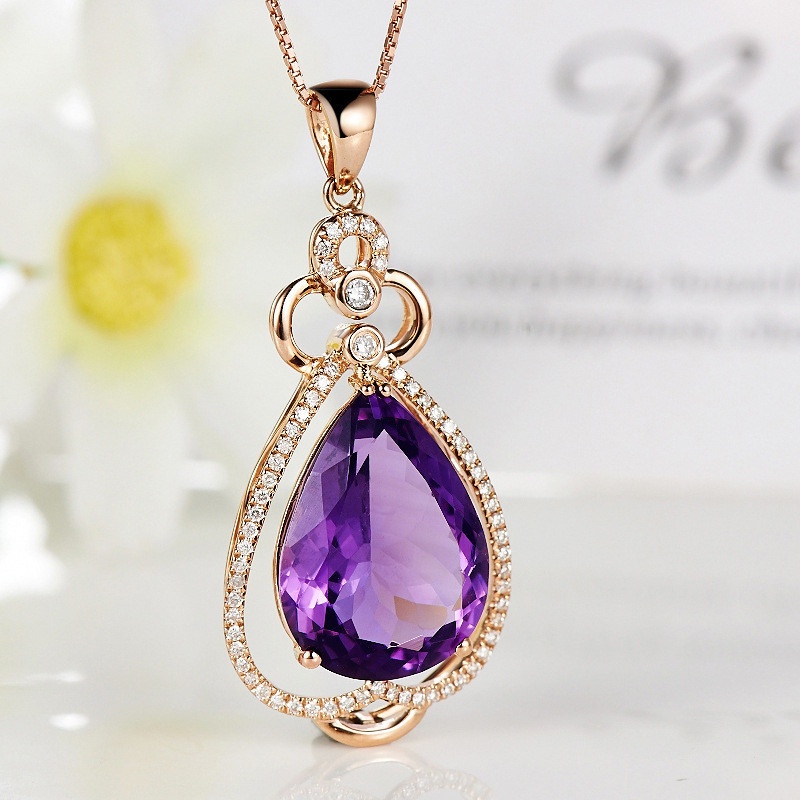 [Ready Stock]Stylish Water Drop Pear-Shaped Amethyst Pendant 18K Rose Gold Plated Diamond-Studded Necklace