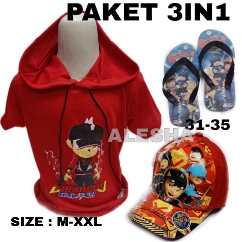 baju anak usia 2-10 tahun, topi dan sendal karakter Free fire boboiboy 3in1