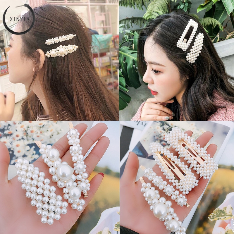 Jepit Rambut Model Barrette Gaya Korea dengan Mutiara untuk Wanita