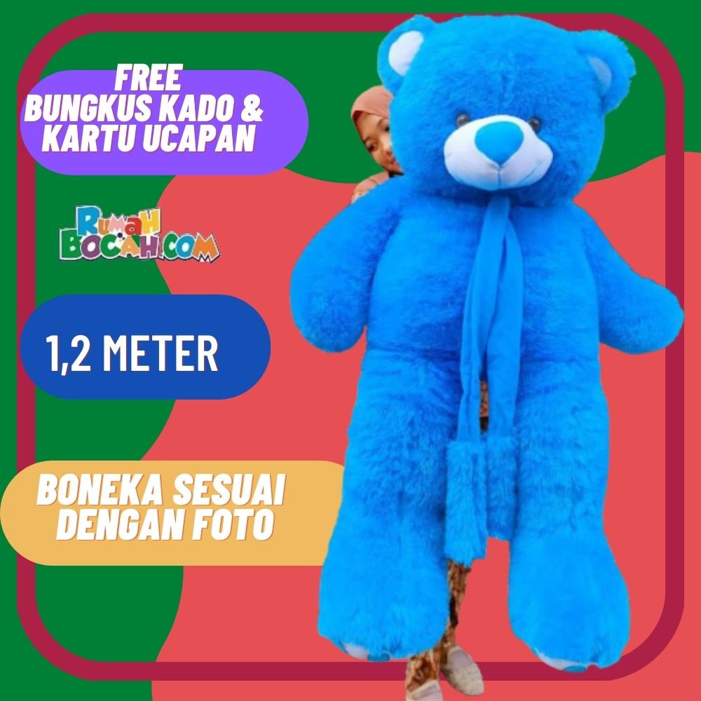 Boneka Beruang 1,2 m meter Teddy Bear Beruang Jumbo Besar Syal telapak Biru untuk Kado Ulang Tahun K