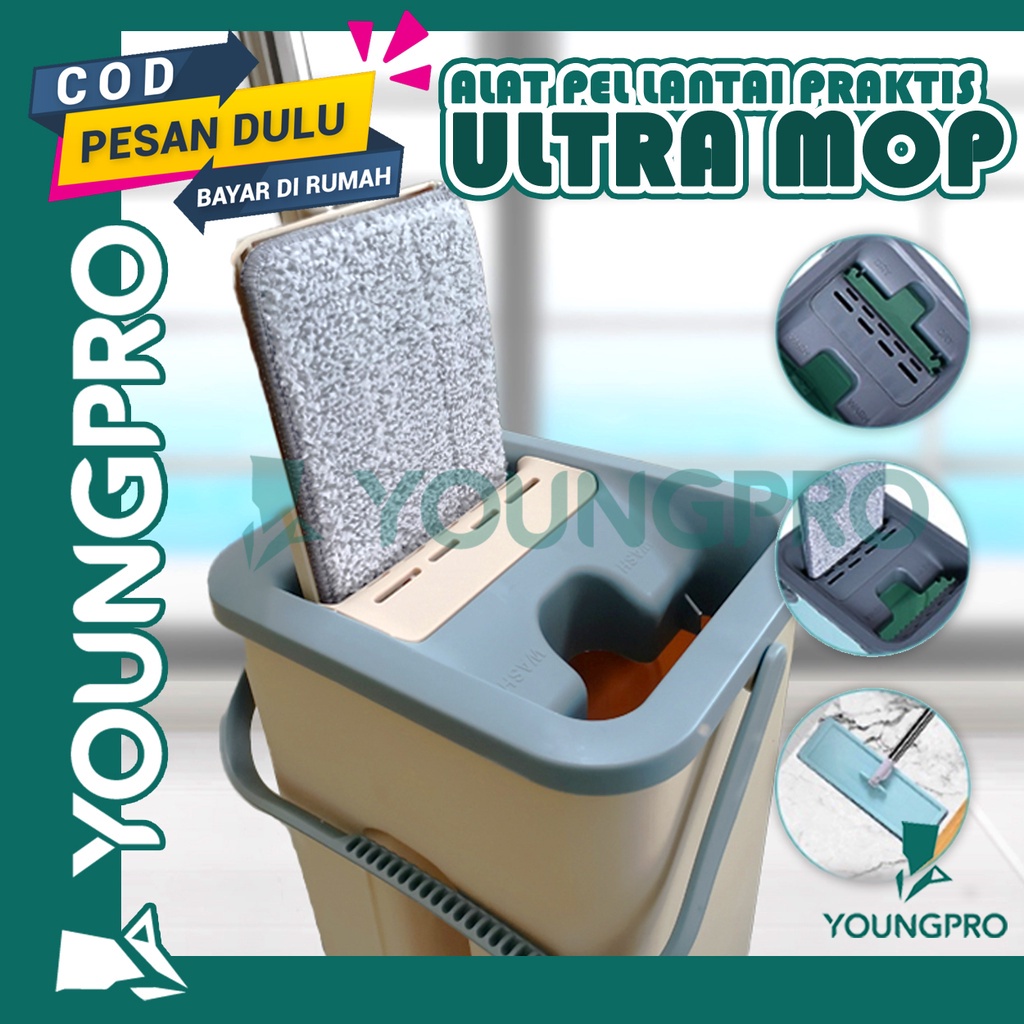 YOUNGPRO ALAT PEL LANTAI PRAKTIS ULTRA MICROFIBER MOP Dry&amp;Wash 2 SEKAT BUCKET + kain pel MULTIPURPOSE CLEANING MOP SCM-01