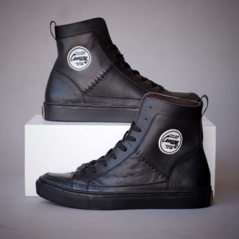 Sepatu Kulit Asli Sepatu Sneakers High Pria Premium