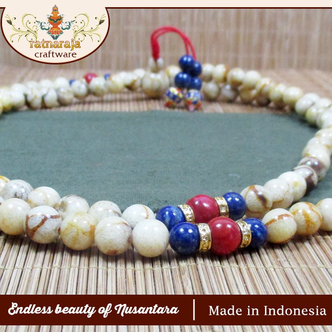 Tasbih/ Mala White Cream Coral 8 mm With Red Coral &amp; Lapis Lazuli