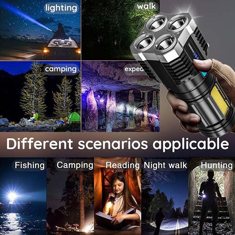 {LUCKID}4 Heads Strong Light Flashlight USB Rechargeable Flashlight &amp; Power Display COB