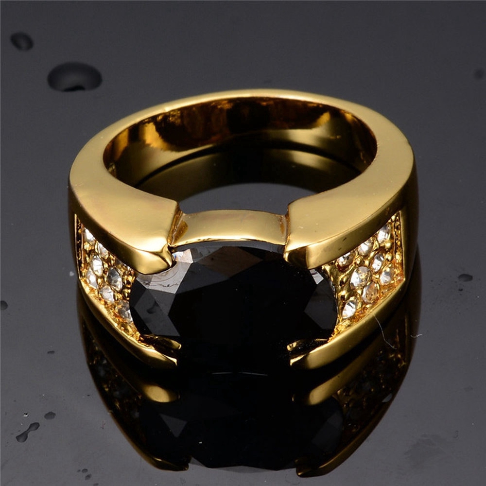 Cincin Emas 18K Hias Batu Permata Kristal Agate Hitam Untuk Pria Dan Wanita