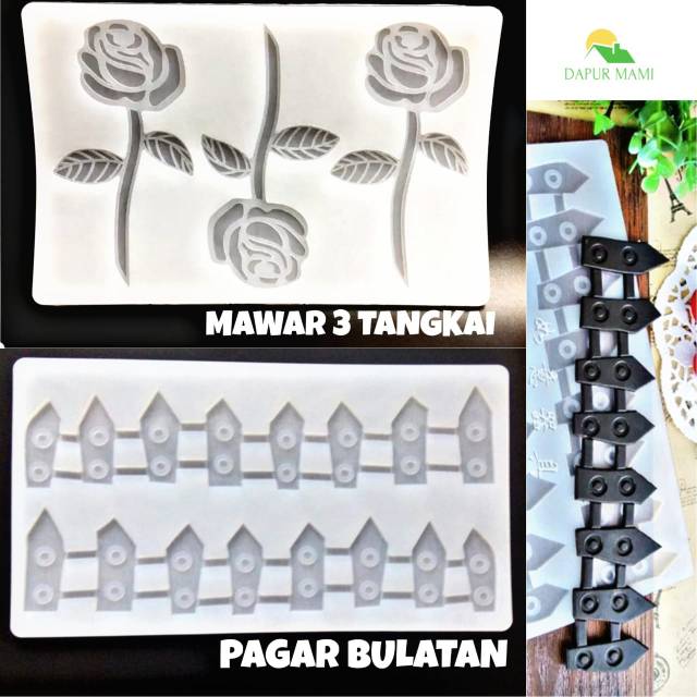 DAPURMAMI Cetakan Fondant Fondan Silikon Mawar 3 Tangkai Cetakan Fondant Pagar