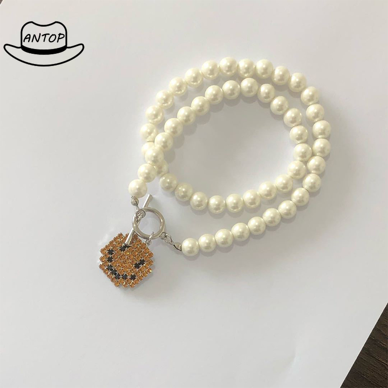 Kalung Mutiara Anne Pearl Choker Fashion Korean Personality Hip Hop Pearl Smiley OT Buckle Pendant Chain ANTOP