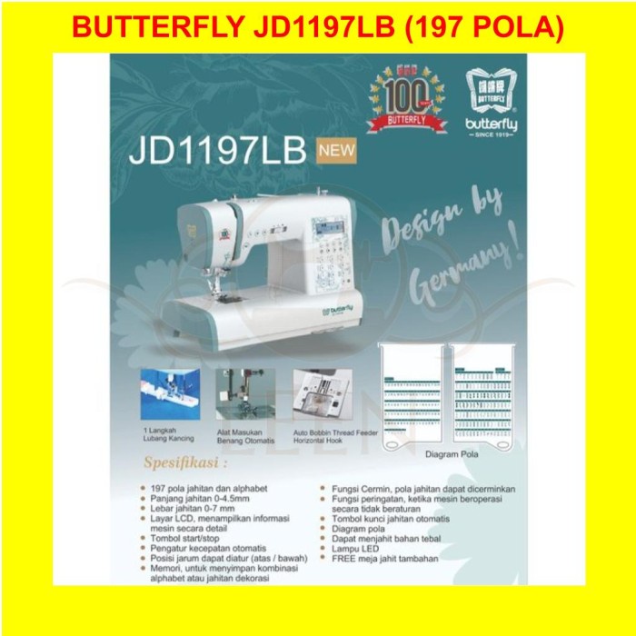 Mesin Jahit Portable BUTTERFLY JD 1197LB 197 Pola ORI JD1197LB LEEN