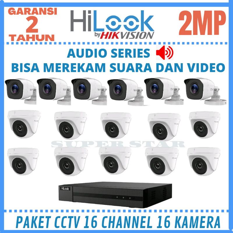 PAKET CCTV HILOOK 16 CHANNEL 16 KAMERA 2MP AUDIO  BY HIKVISION BISA MEREKAM SUARA DAN VIDEO