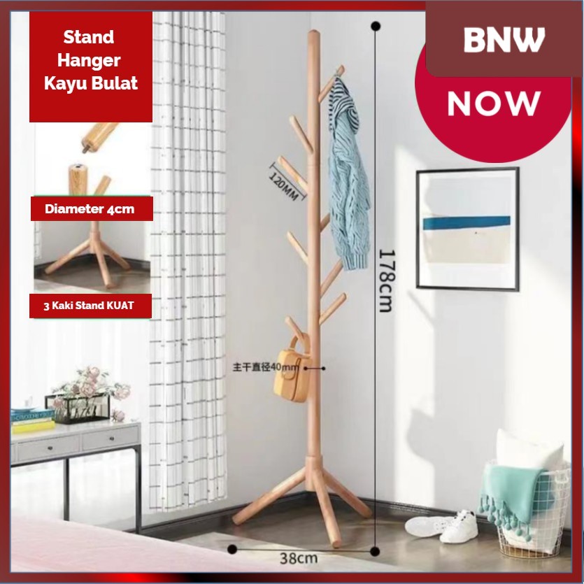 BNW - MH178 KAYU BULAT + Stand Hanger / Gantungan Tiang Berdiri / Hanger Gantungan Baju Tas - GROSIR