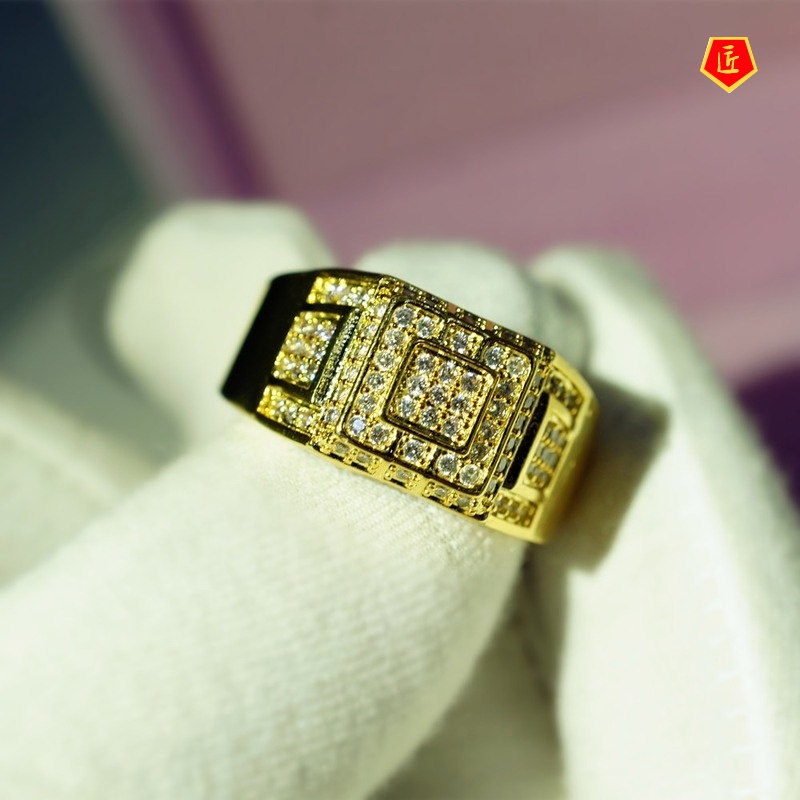 [Ready Stock][Ready Stock]Full Diamond Micro Inlaid Zircon 18K Gold Ring European and American Fashion