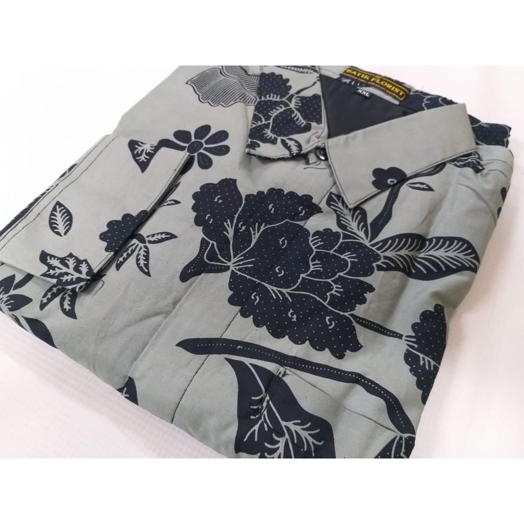 BATIK PRABUSENO DAUN SEJAGAD KEMEJA BATIK ABU SILVER GREY KEKINIAN pria lengan panjang PENDEK FLORIST