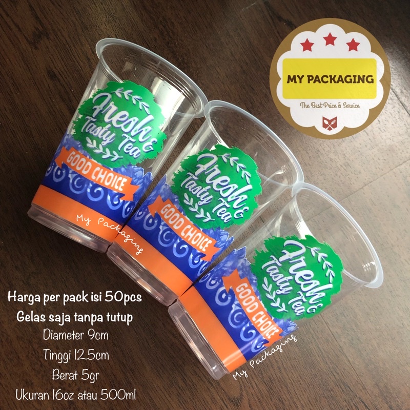 Gelas Cup Plastik 16oz PRINTING cetak FRESH AND TASTY - (isi 50pcs/pack) 16 oz TANPA TUTUP -- Cocok untuk Usaha Minuman Tea ThaiTea Juice Milk Choco Coffee kopi teh boba Pop ice jus es buah Bisa di press tanpa tutup