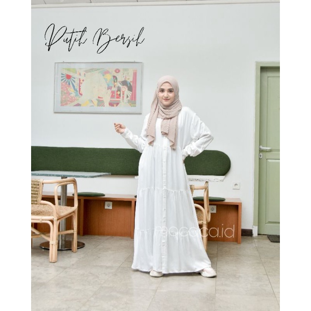 Dress Polos Putih bersih katun rayon twill model rufle babydoll susun ootd hijab busui kancing