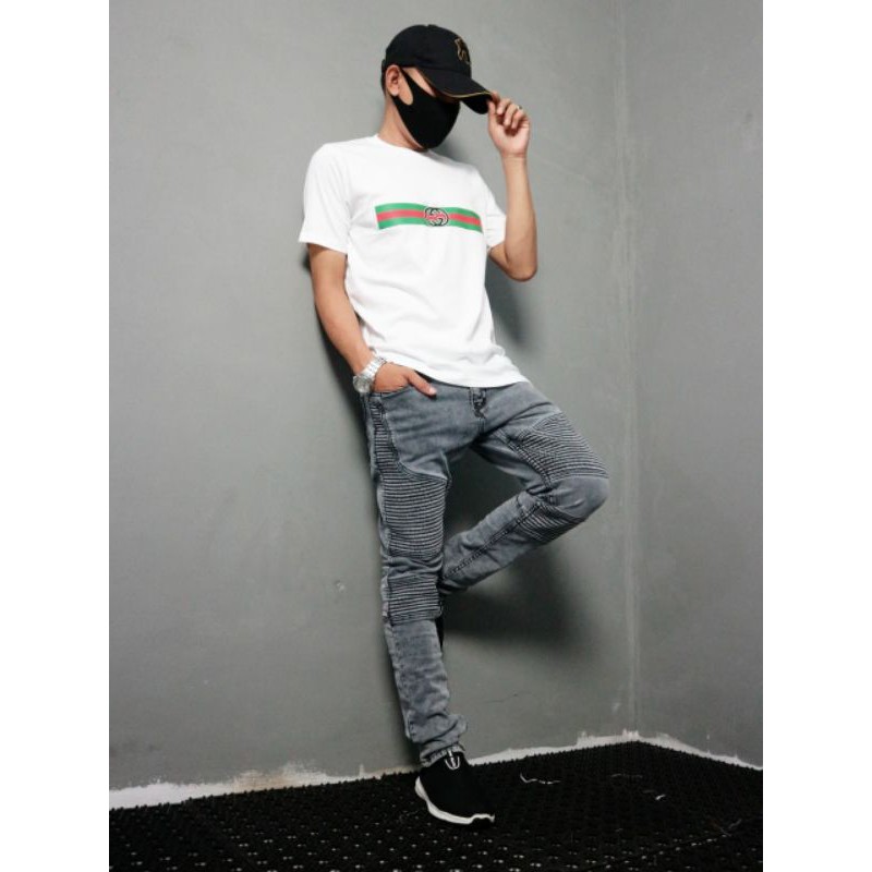 BAJU KAOS PRIA COWOK MOTIF TERBARU GUCCI WHITE BLACK