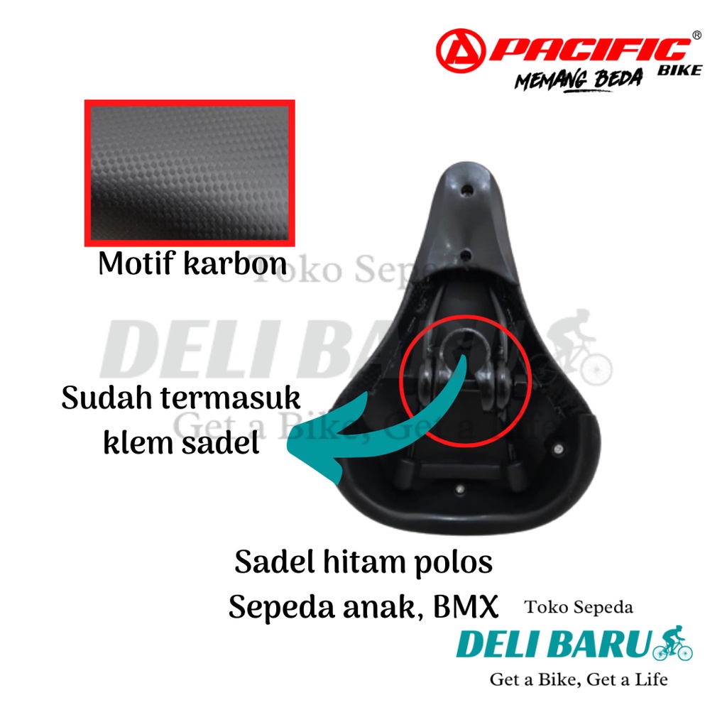 Pacific Sadel BMX hitam polos Jok motif karbon sepeda anak, BMX