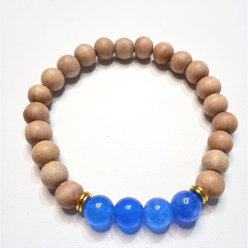 Gelang Batu Original Handmade Kayu Cendana Kombinasi Batu Alam Blue Agate