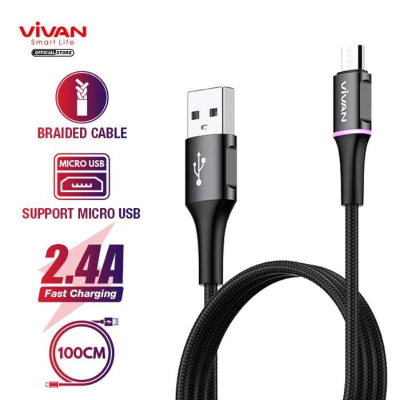 BATAM GROSIR VDM100 / VDM200 Kabel Vivan VDM100/VDM200 Micro USB Data Cable 2.4A LED Light Quick Cha