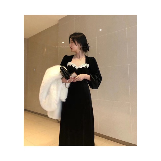 H7 D16/199 Korean midi dress velvet / dress bludru lengan panjang variasi brukat leher kotak belahan kiri