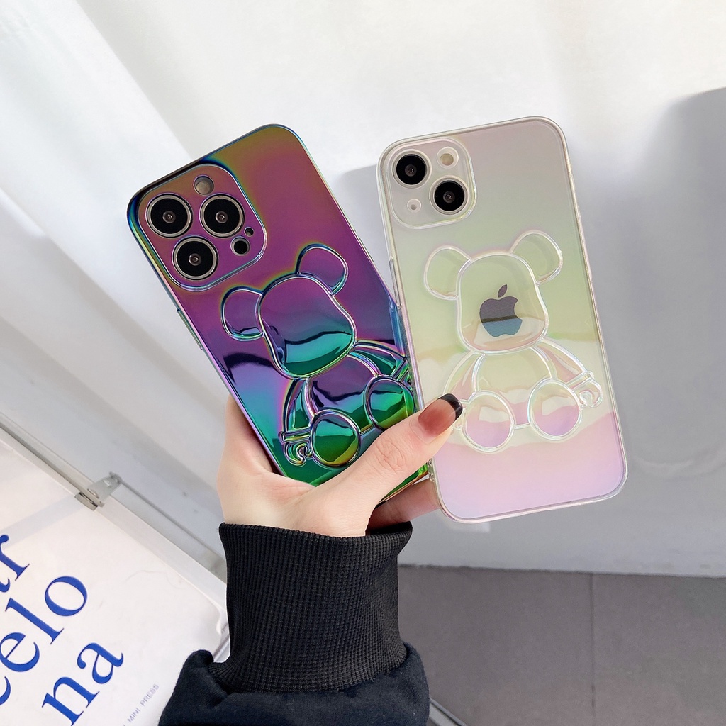 Soft case Silikon Transparan Motif Beruang 3D Warna Gradasi Laser Untuk iPhone 11 Pro MAX 12 13 Pro MAX