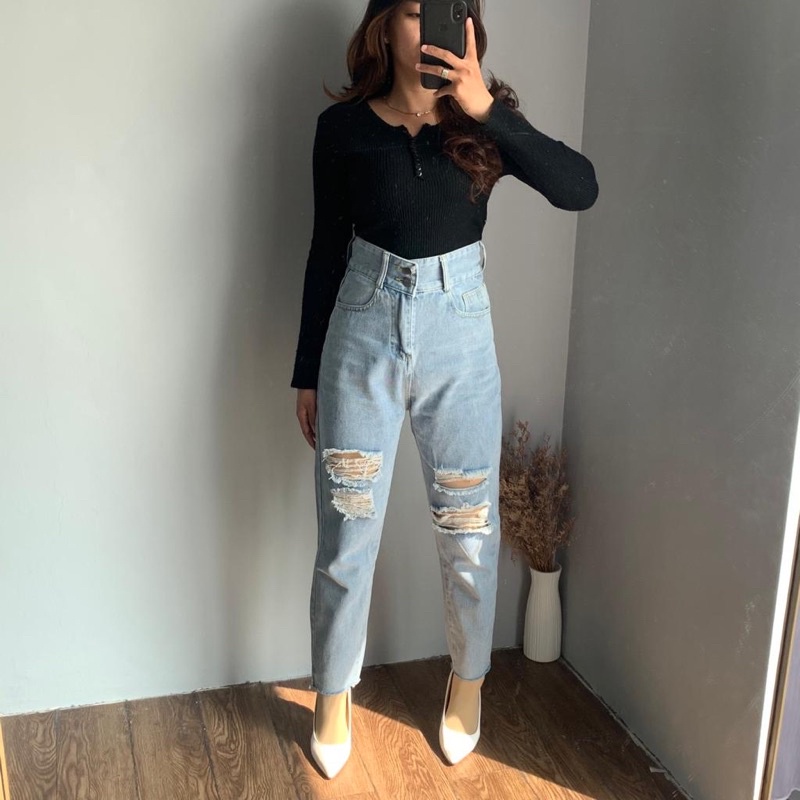 [LUXE.DLABE] - D69 Jeans | Celanja Panjang Highwaist wanita import High Waist Ripped jeans Baggy Jeans Boyfriend Wideleg Kulot Jeans Import