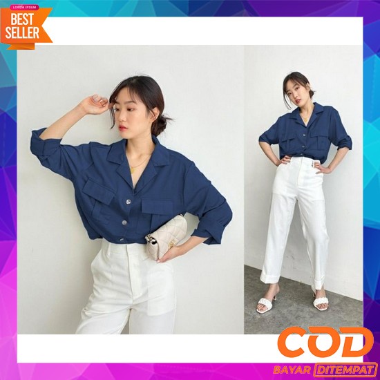 Kemeja Wanita Katun Rayon Hitam Lengan Panjang Blouse Casual Polos Mon Estilo Hem Pocket Kemeja Wani