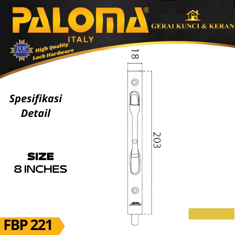 PALOMA FBP 221 GRENDEL TANAM 8 INCH FLUSH BOLT 20CM FUTURA HITAM BLACK