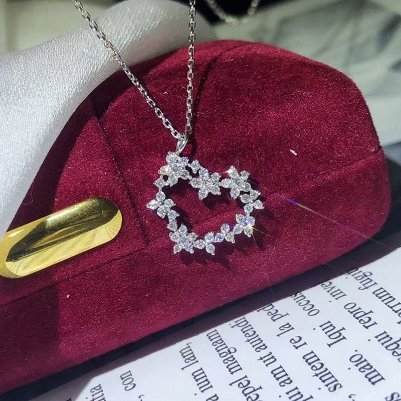 Kalung Rantai Wanita Liontin Bunga Hati Hias Cubic Zirconia Putih