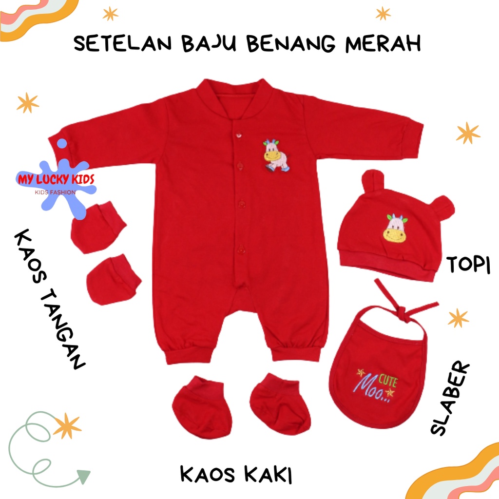 Baju Bayi Set Cute Moo Merah Jumper Anak Bayi Cewek Bayi Cowok 4 In 1 Usia 0-6 Bulan