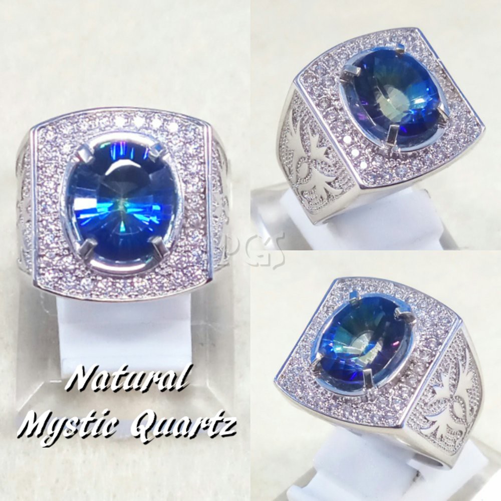 CINCIN BATU AKIK PERMATA NATURAL BLUE MYSTIC RAINBOW QUARTZ RING ALPAKA SIZE KANTORAN