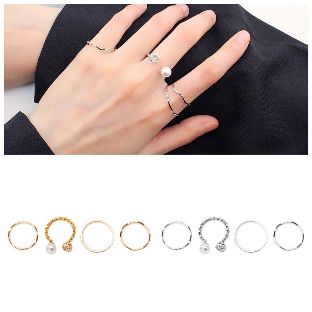 [4 PCS] Cincin Set Fashion Terbuka Aksen Berlian Imitasi + Mutiara Gaya Korea Untuk Wanita