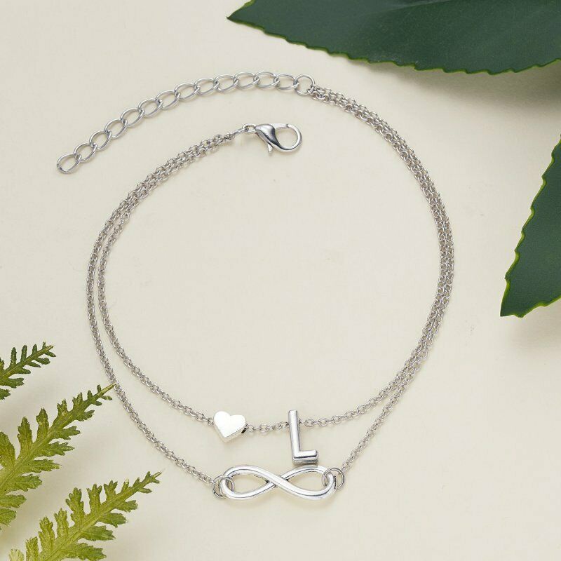 Gelang Kaki Rantai Multi Layer Desain Hati Infinity Inisial Huruf Warna Silver Untuk Wanita