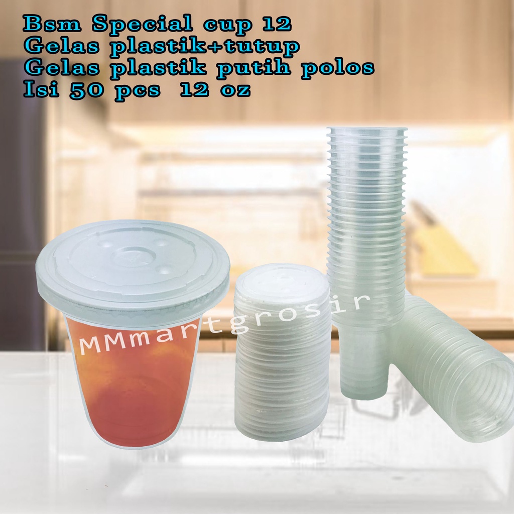 Bsm Special cup 12 / Gelas plastik+tutup / gelas plastik putih polos  / Isi 50 pcs / 12 oz