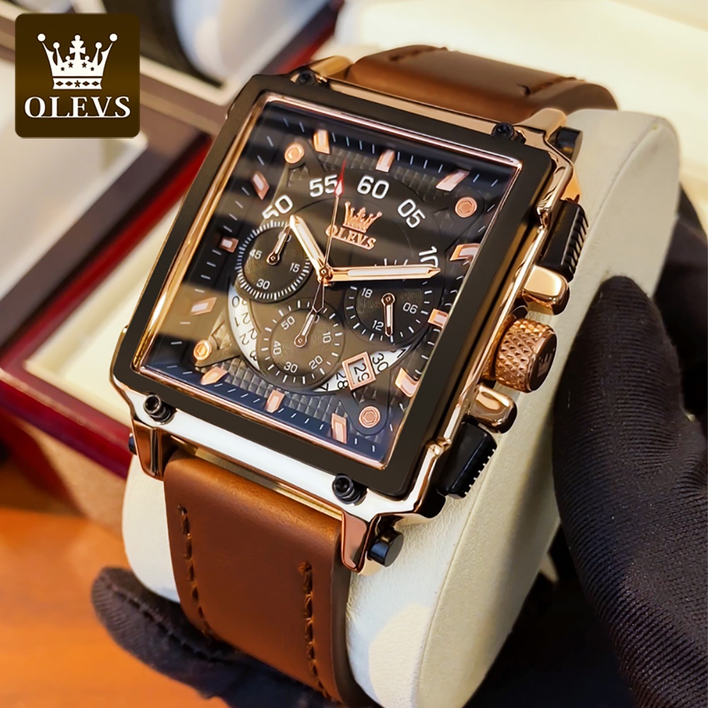 【COD】OLEVS Jam Tangan Pria Original Anti Air Kulit Tahan Keren Led Hitam Coklat Square Chronograph Watch Men Leather With Date