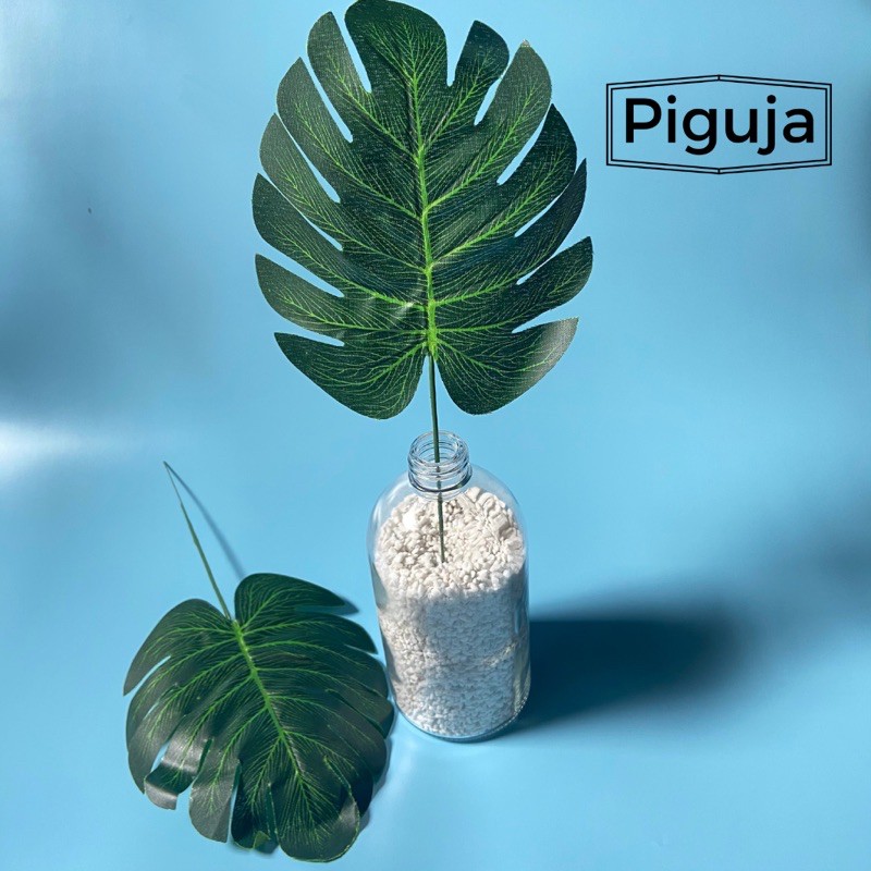 VAS BOTOL KACA BENING UNIK DENGAN DAUN MONSTERA ARTIFICIAL PALSU IMITASI