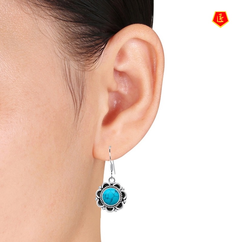 [Ready Stock]Creative Flower Inlaid Turquoise Earrings Retro S925 Silver