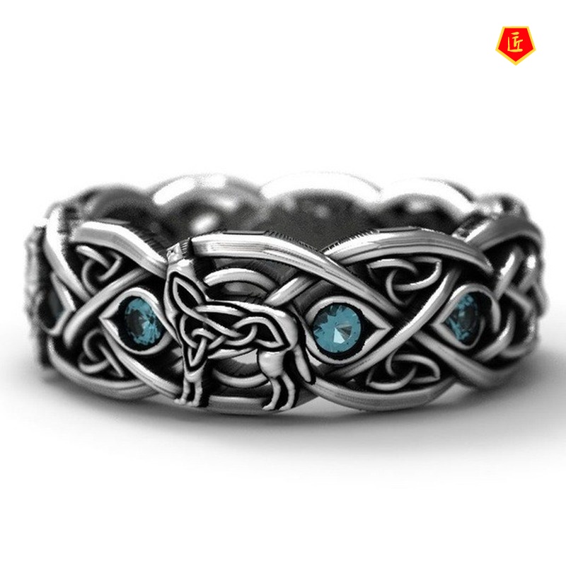 [Ready Stock]Retro S925 Silver Wolf Totem Topaz Ring