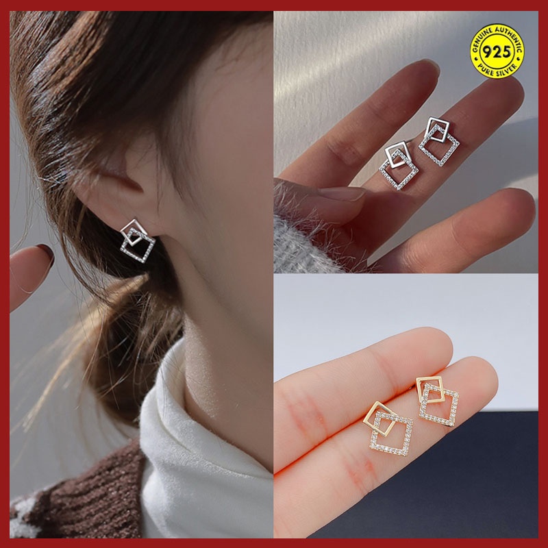 Anting Berlian Imitasi Bentuk Persegi Geometris Untuk Wanita