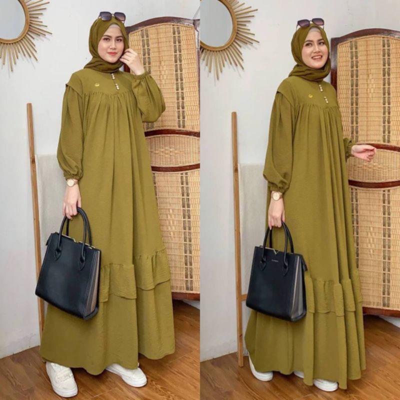 Kalla Gamis Wanita Crinkle Airflow Import Dress Jumbo Lengan Panjang Karet Baju Wanita Kekinian LD 120  cm