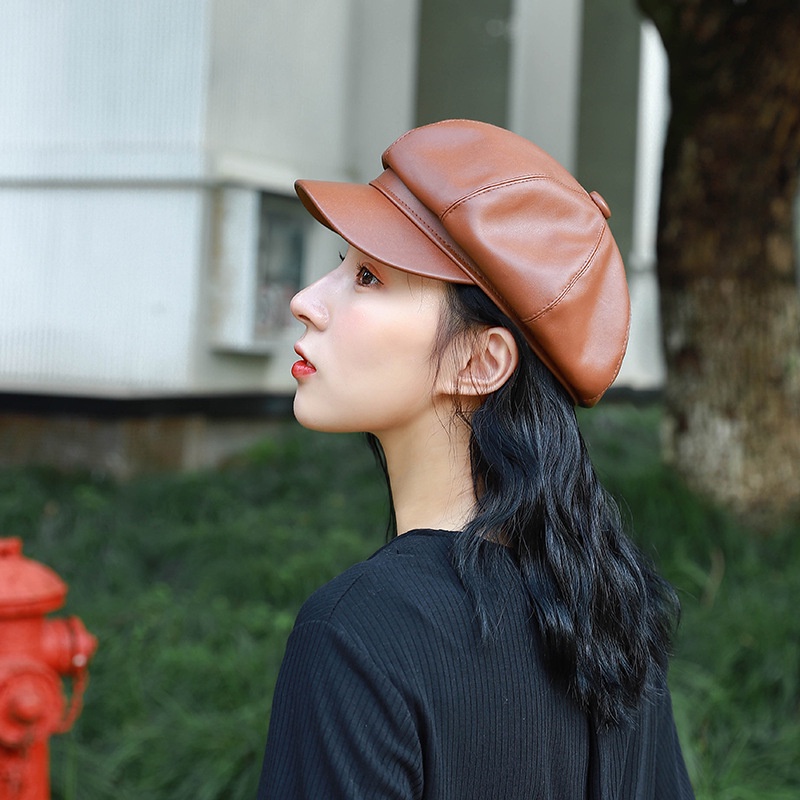 Qiu Dong Topi Baret Octagonal Bahan Kulit Pu Untuk Wanita