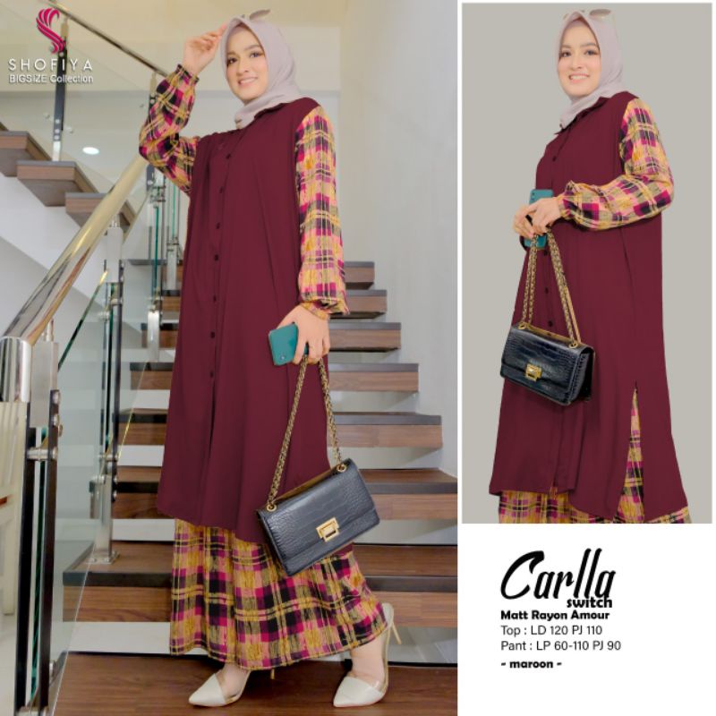 SET TUNIK + KULOT RAYON AMOUR MOTIF POLOS MIX KOTAK-KOTAK CARLLA BY SHOFIYA