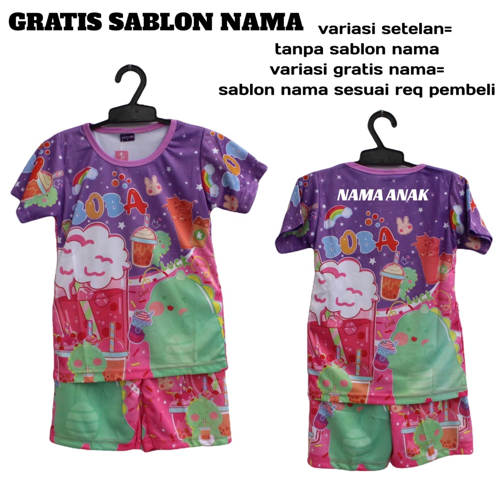 cod setelan baju anak boba full printing/kaos boba bisa sablon nama umur 2-12thn