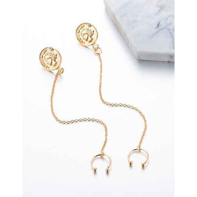 LRC Anting Tusuk Fashion Gold Beauty Head Alloy Chain U-shaped Earrings F91788