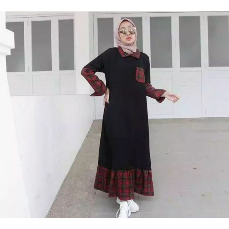 gamis wanita kekinian MOUSCREPE /gamis wanita hem kotak MITHA DRESS kombinasi KOTAK KOTAK