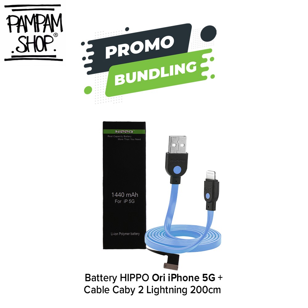 PAKET BUNDLING BATERAI HIPPO IPHONE 5 5G DAN CABY 2 LIGHTNING 200CM Double Power Original Batre Ori